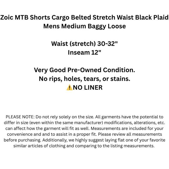Zoic MTB Shorts Cargo Belted Stretch Waist Black Plaid Mens Medium Baggy Loose - Picture 2 of 9